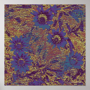 Poster Blue flowers against leaf camouflage pattern