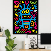 Poster Blue Funky Alien - Neon Pop Art Quirky Monster (Bureau à domicile)