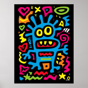 Poster Blue Funky Alien - Neon Pop Art Quirky Monster