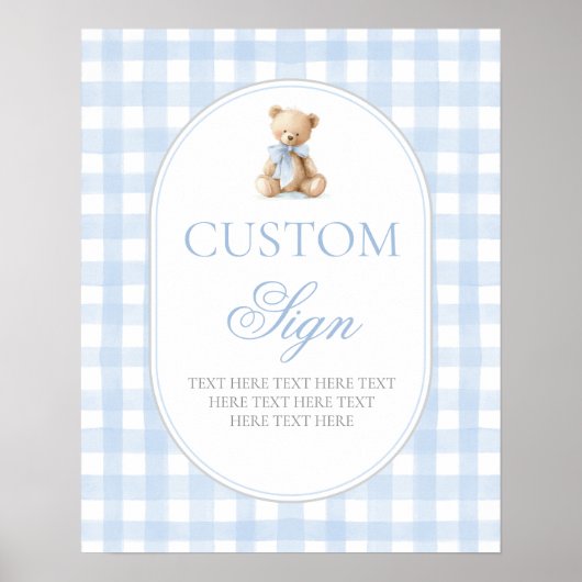 Poster Blue Gingham Bear Customized sign (Devant)