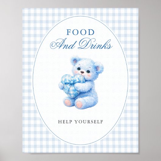 Poster Blue Gingham Bow Heart Teddy Bear Baby Shower (Devant)