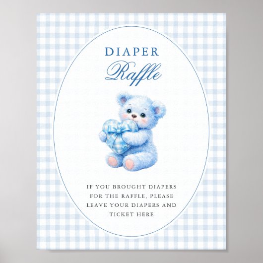Poster Blue Gingham Bow Heart Teddy Bear Baby Shower (Devant)