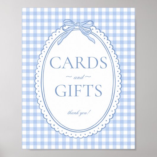 Poster Blue Gingham Coquette Bow Card & Gifts Sign (Devant)