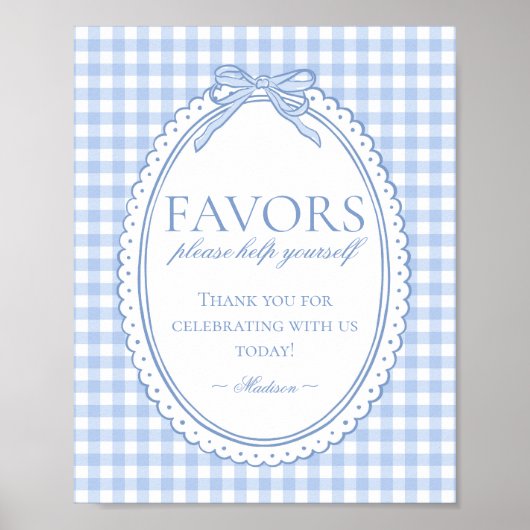 Poster Blue Gingham Coquette Bow Favors Sign (Devant)