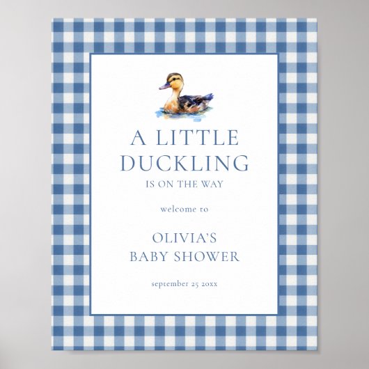 Poster Blue Gingham Mallard Duck Welcome to Baby Shower (Devant)