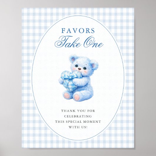 POSTER BLUE GINGHAM TEDDY BEAR NEUTRAL BABY SHOWER (Devant)