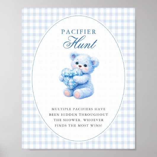 Poster Blue Gingham Teddy Bear Neutral Baby Shower (Devant)
