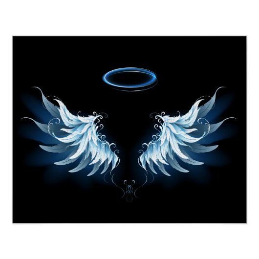 Poster Blue Glowing Angel Wings on black background (Devant)