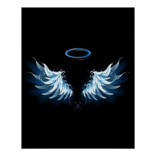 Poster Blue Glowing Angel Wings on black background