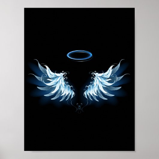 Poster Blue Glowing Angel Wings on black background (Devant)