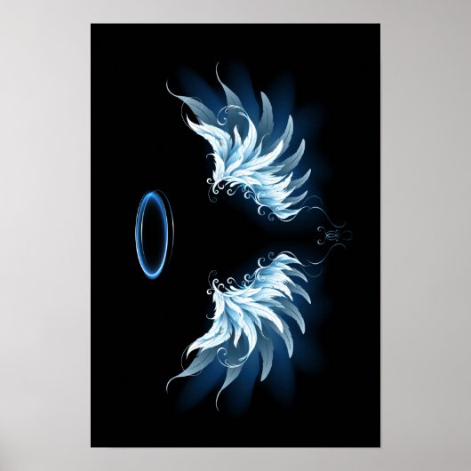 Poster Blue Glowing Angel Wings on black background (Devant)