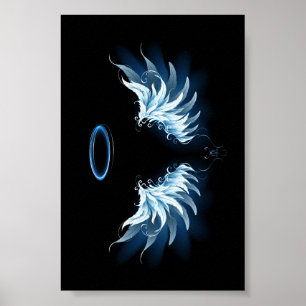 Poster Blue Glowing Angel Wings on black background