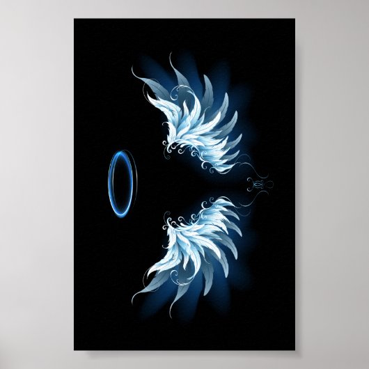 Poster Blue Glowing Angel Wings on black background (Devant)