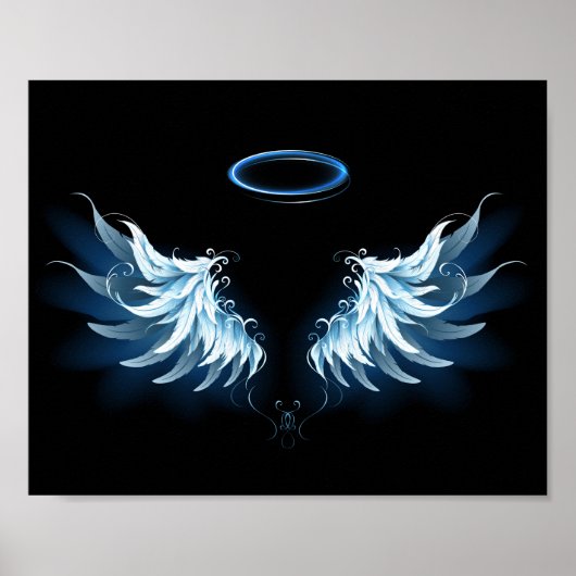 Poster Blue Glowing Angel Wings on black background (Devant)