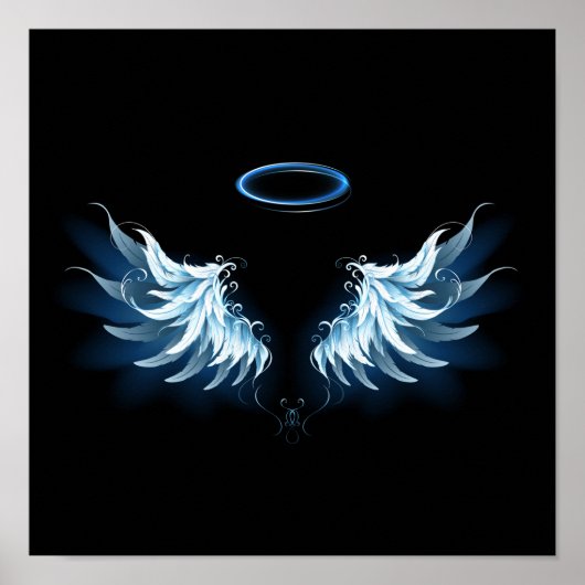Poster Blue Glowing Angel Wings on black background (Devant)