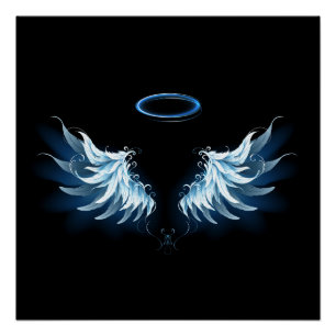 Poster Blue Glowing Angel Wings on black background