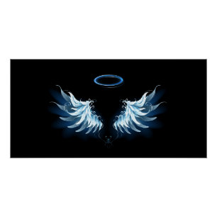 Poster Blue Glowing Angel Wings on black background