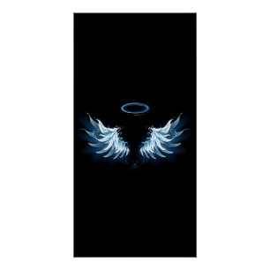 Poster Blue Glowing Angel Wings on black background