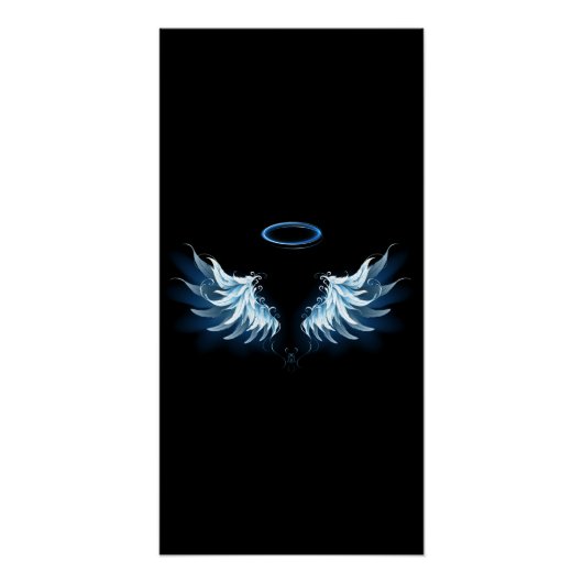 Poster Blue Glowing Angel Wings on black background (Devant)