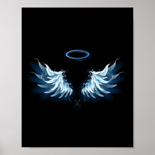 Poster Blue Glowing Angel Wings on black background