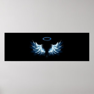 Poster Blue Glowing Angel Wings on black background