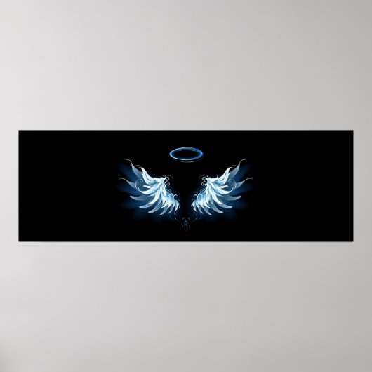 Poster Blue Glowing Angel Wings on black background (Devant)