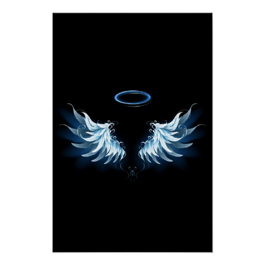 Poster Blue Glowing Angel Wings on black background (Devant)