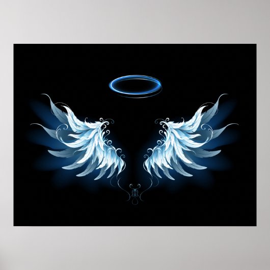 Poster Blue Glowing Angel Wings on black background (Devant)