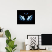 Poster Blue Glowing Angel Wings on black background (Bureau à domicile)