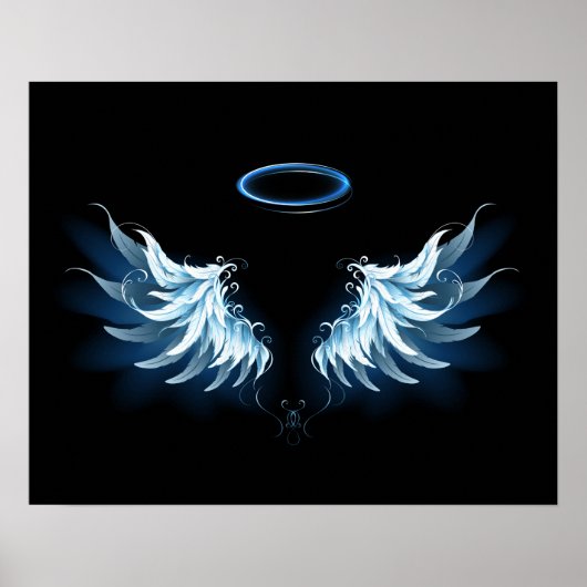 Poster Blue Glowing Angel Wings on black background (Devant)