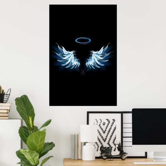 Poster Blue Glowing Angel Wings on black background (Bureau à domicile)