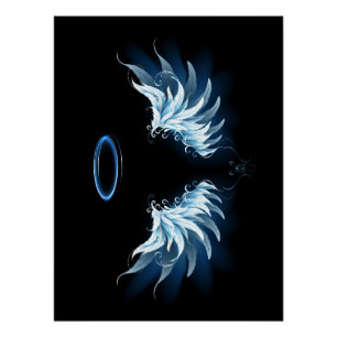 Poster Blue Glowing Angel Wings on black background