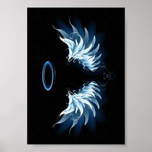 Poster Blue Glowing Angel Wings on black background (Devant)