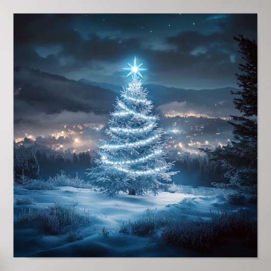 Poster Blue Glowing Winter Night Christmas Tree (Devant)