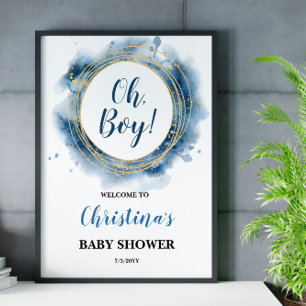 Poster Blue Gold Baby shower Oh boy Welcome Board