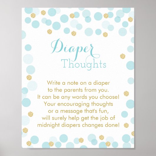 Poster Blue Gold Dots Baby Shower Diaper Thoughts Sign (Devant)