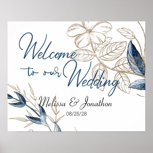 Poster Blue Gold Moderne Floral Mariage élégant (Devant)