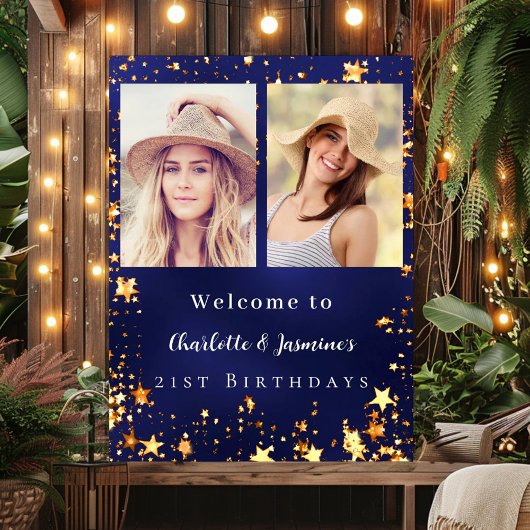 Poster Blue gold photo stars 2 personnes anniversaire bie
