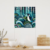 Poster Blue Green Lovey Penguin Forêt extérieure Abstrait (Cuisine)