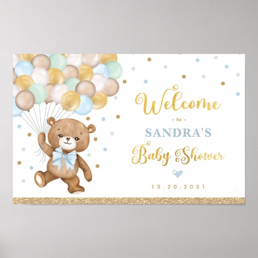 Poster Blue Green Teddy Bear Balloon Welcome Baby Boy (Devant)