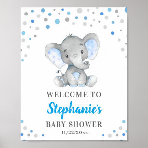 Poster Blue Grey Elephant Polka Dot Baby shower Bienvenue