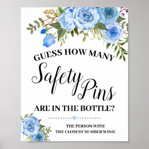 Poster Blue Guess how many Safety Pins shower game sign