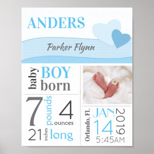 Poster Blue Hearts Baby Boy Birth Stats Signe Faire-part