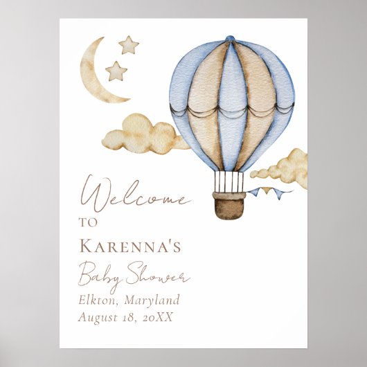 Poster Blue Hot Air Balloon Baby shower blanc Bienvenue (Devant)