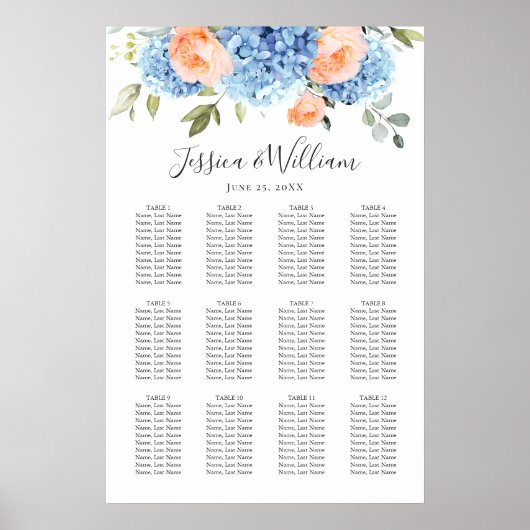 Poster Blue Hydrangea Blush Rose 12 tables CADRE (Devant)