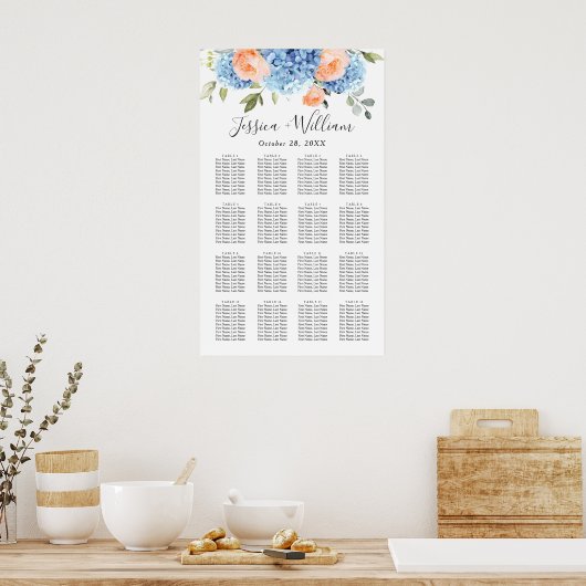 Poster Blue Hydrangea Blush Rose 16 Tables CADRE (Cuisine)