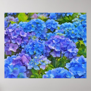 Poster Blue Hydrangea Fleurs Floral Aquarelle Style Art