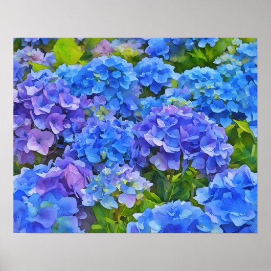 Poster Blue Hydrangea Fleurs Floral Aquarelle Style Art (Devant)