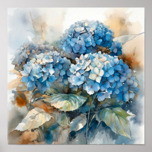 Poster Blue Hydrangea Watercolor Art Imprimer