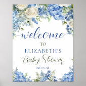Poster Blue Hydrangea White Roses Floral Script Bienvenue (Devant)